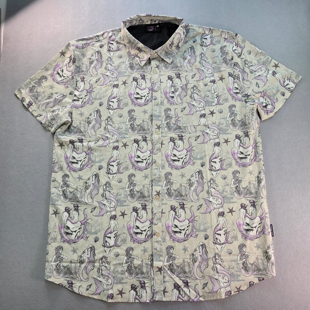 Psycho Tuna Mens XXL Mermaid Skull Print Short Sleeve Button Down Shirt Ripstop